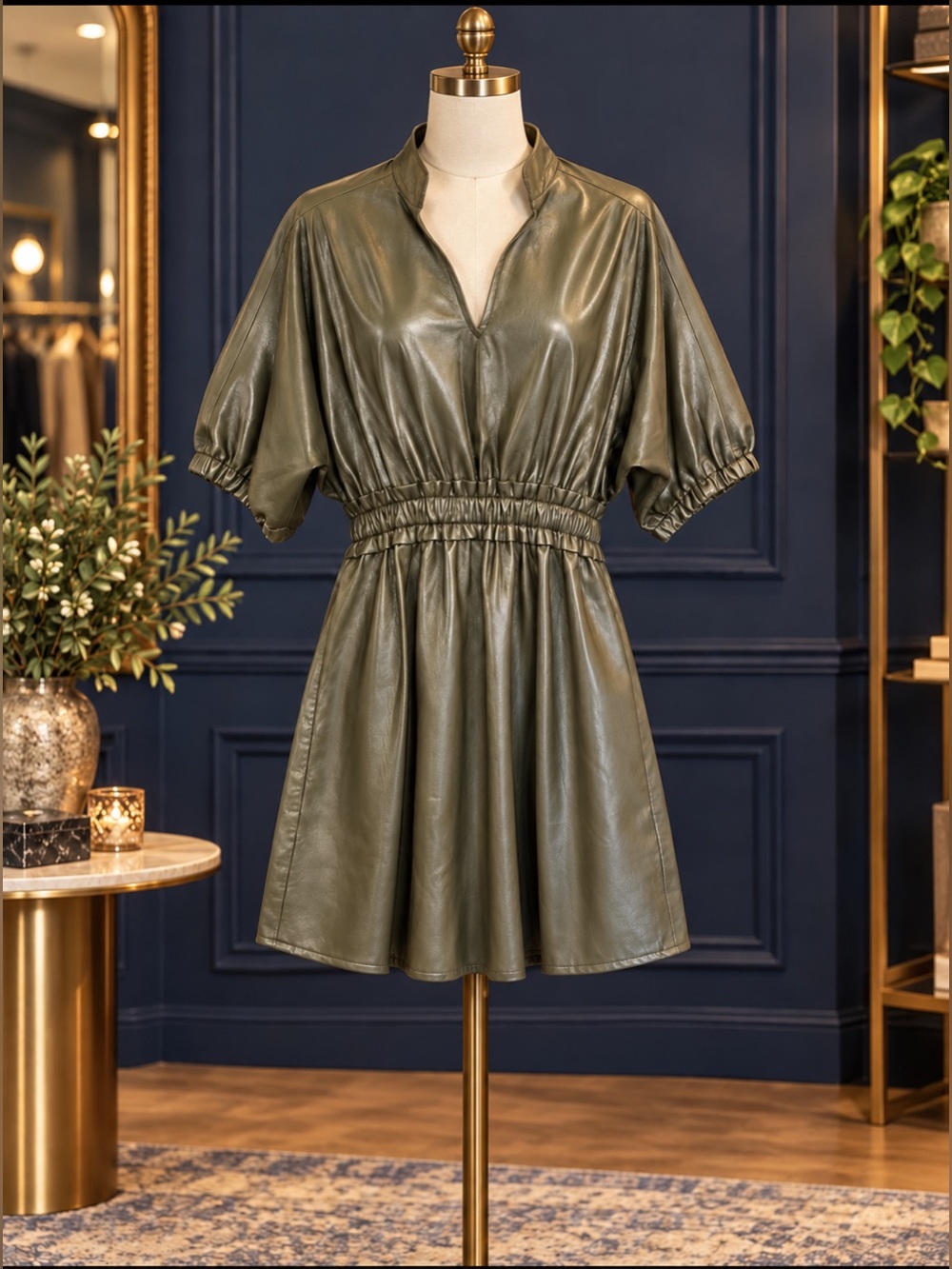 Olive Green Faux Leather Mini Dress with Elastic Waist